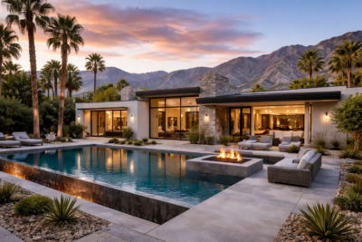 Modern luxury home in Cathedral City with a pool, fire pit lounge, palm trees, and mountain views at sunset.