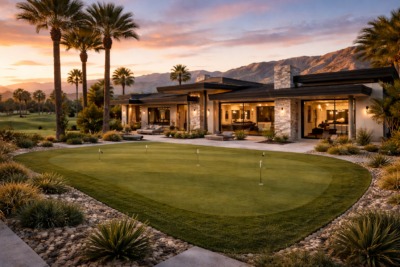 Luxury modern home in Indian Wells with a private putting green at sunset, framed by palm trees and mountain views.