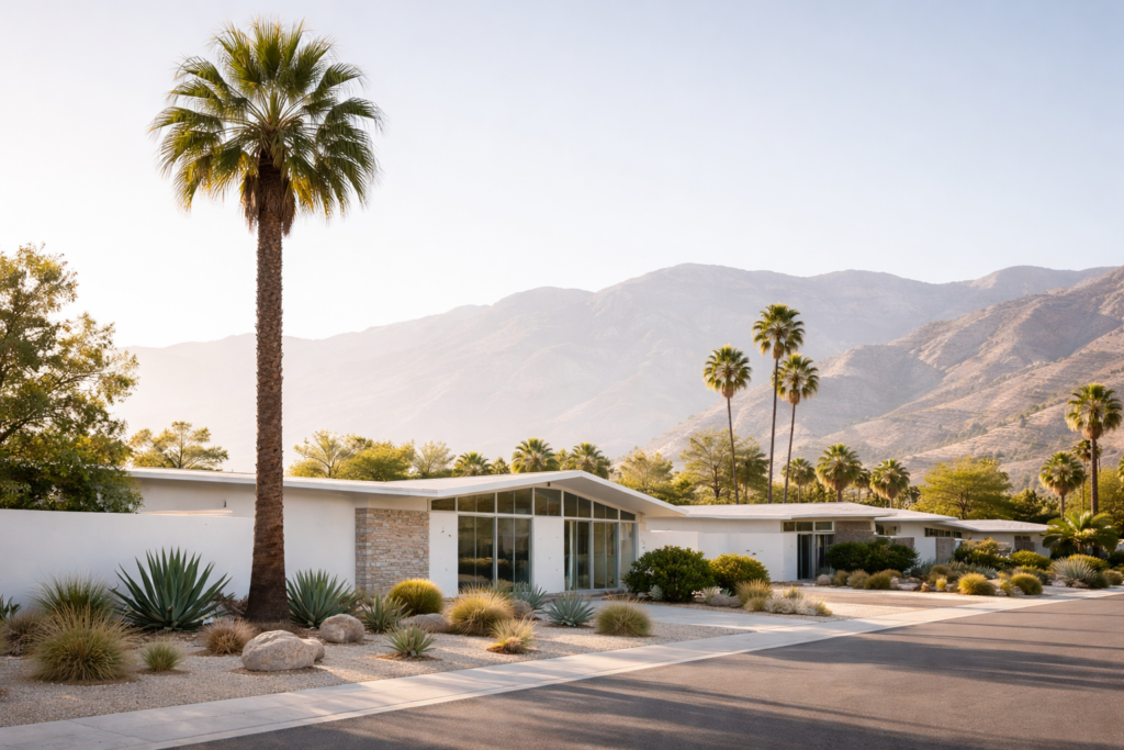 Minimalist Palm Springs scene with a tall palm tree, white mid-century modern home, desert landscaping, and the San Jacinto Mountains.