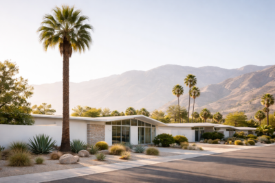 Minimalist Palm Springs scene with a tall palm tree, white mid-century modern home, desert landscaping, and the San Jacinto Mountains.