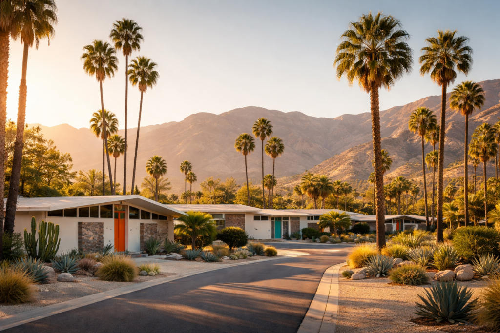 Golden-hour view of Palm Springs with mid-century modern homes, tall palm trees, and desert mountains under a clear sky.